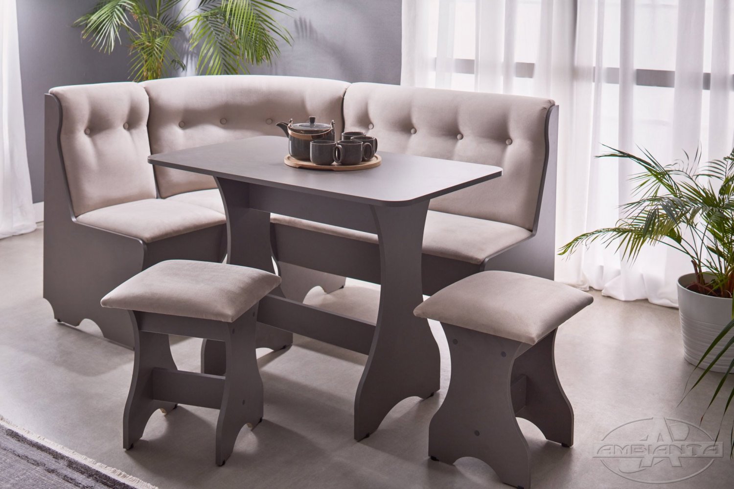 Kitchen corner bench CLEO-2 ECO + 2 stools — Gray
