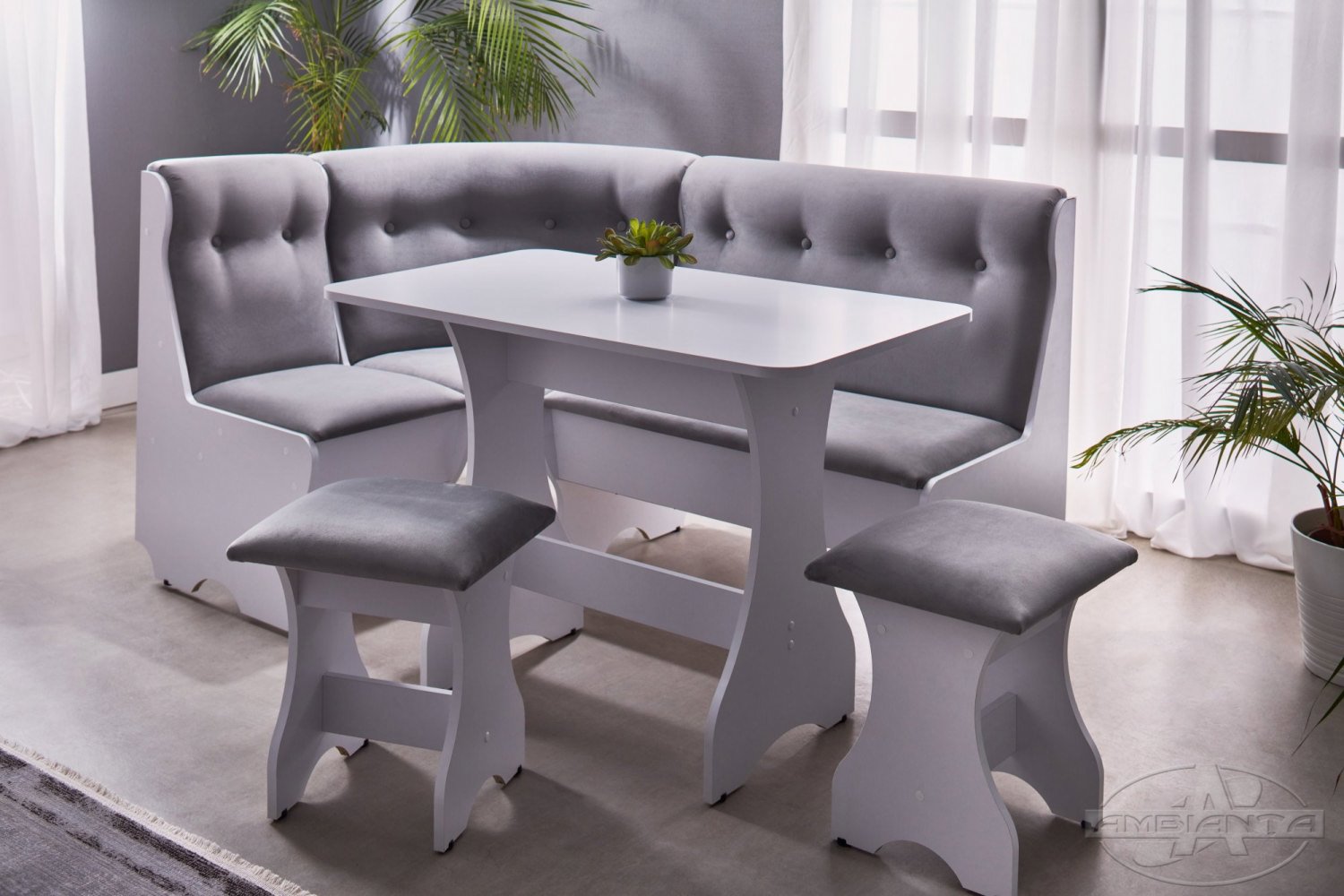 Kitchen corner bench CLEO-2 ECO + 2 stools — White
